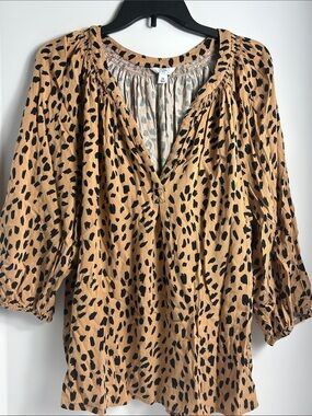 Crown & Ivy Women’s Size 2X Leopard Print Quarter Sleeve Blouse Brown Black Top